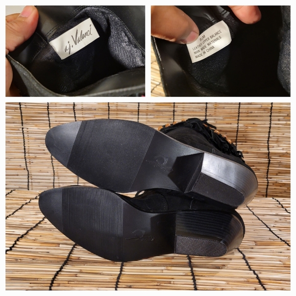 A. J. VALENCI Black Suede Fringe Beads Boots Almond Toe Stacked Heel - Picture 4 of 5